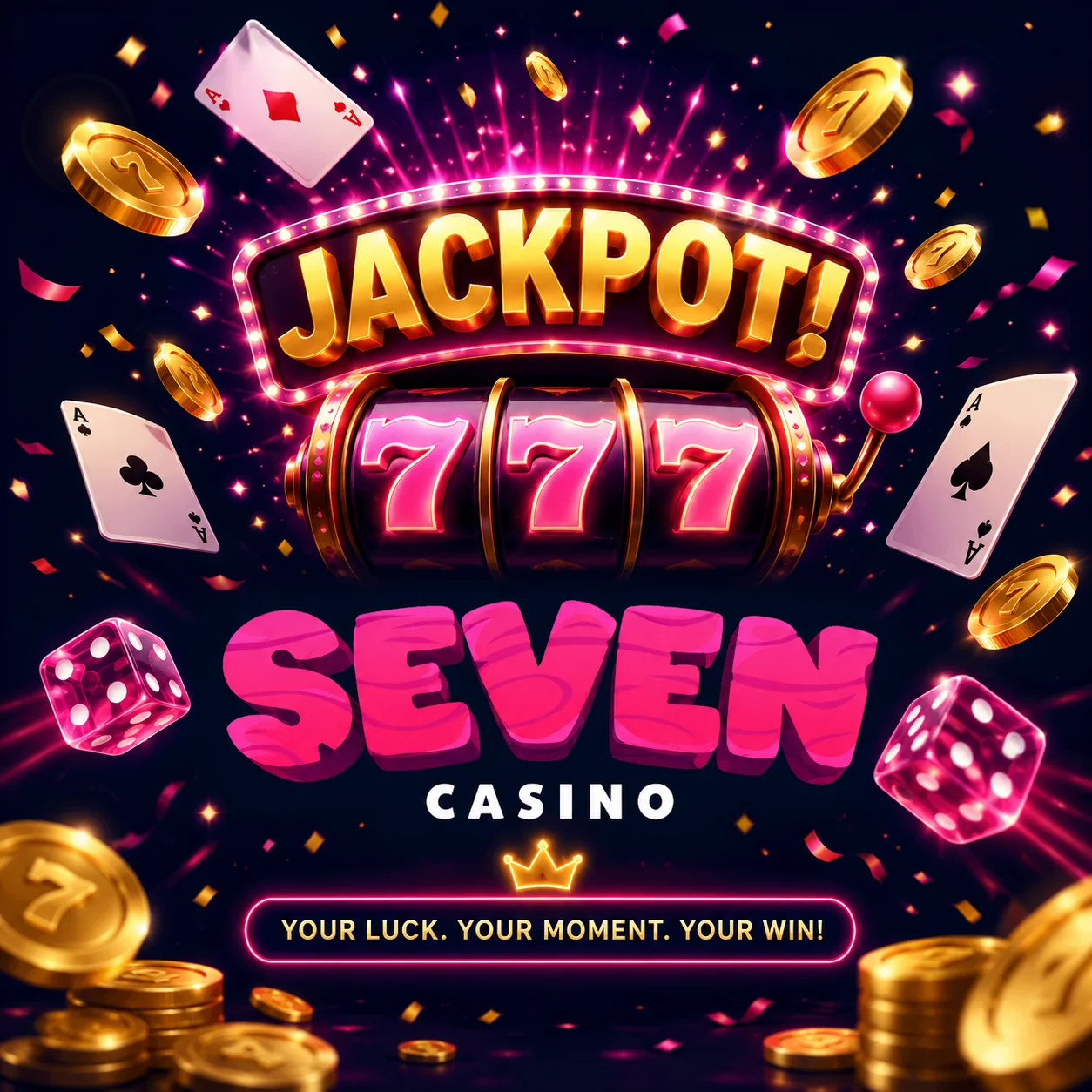 Jackpot-Motiv von Seven Casino mit drei Siebenen und Goldmünzen