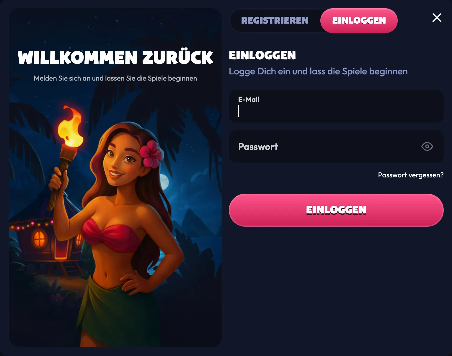 Anmeldeformular von Seven Casino mit E-Mail, Passwort und dem Link Passwort vergessen