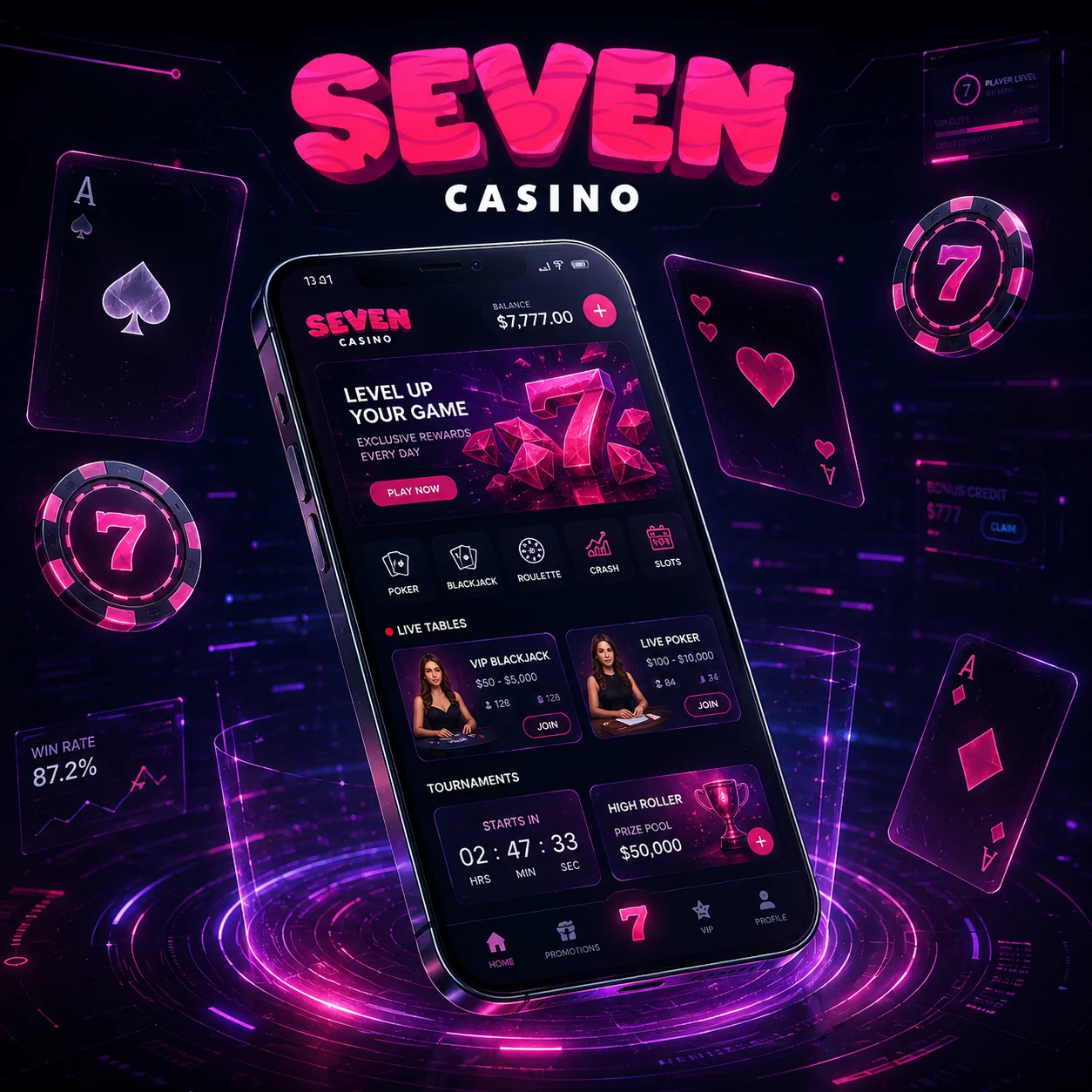 Seven Casino auf dem Smartphone mit Guthaben, Live-Tischen und Turnieren