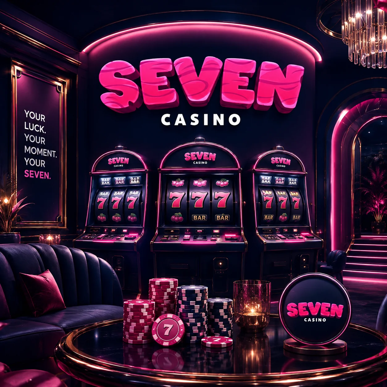 Spielhalle von Seven Casino mit Neonlogo und drei Spielautomaten